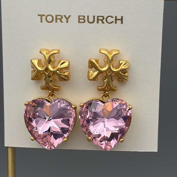 Tory Burch Roxanne Gold and Pink Faceted Heart Earrings - Picture 1 of 4
